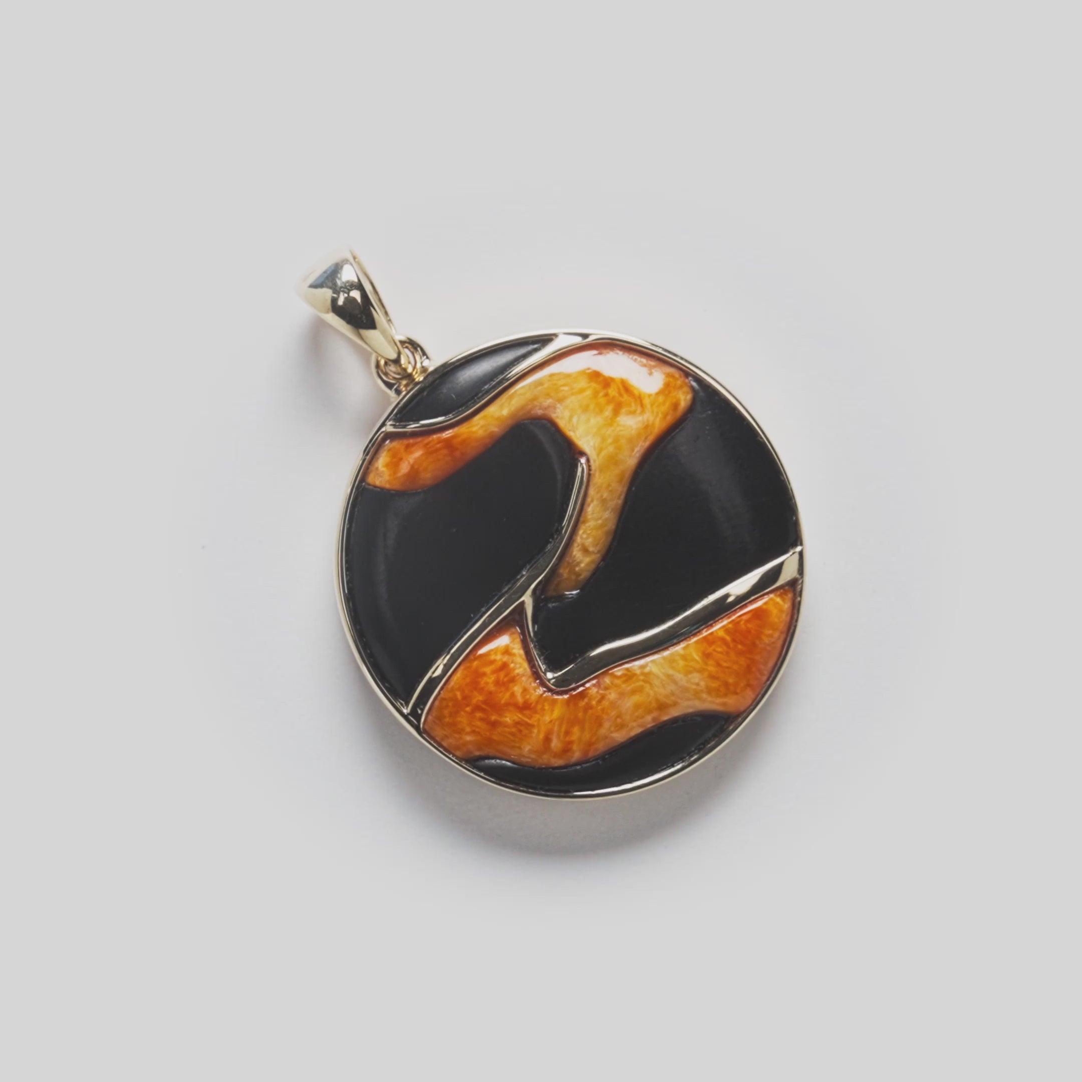 Volcano Lava Flow Black Coral and Spiny Oyster Pendant in Gold