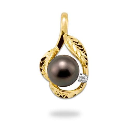 Tahitian Black Pearl Pendant with Diamond in Gold (9-10mm)-Maui Divers Jewelry