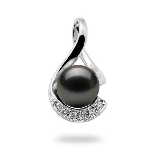 Tahitian Black Pearl Pendant with Diamonds in 14K White Gold (11-12mm)-Maui Divers Jewelry