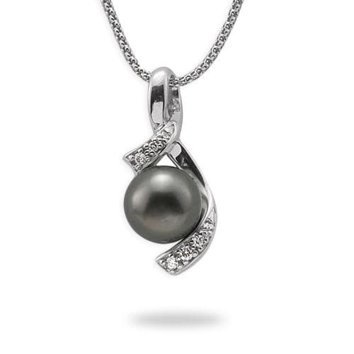 18 Tahitian Black Pearl Pendant Necklace in White Gold with Diamonds -  10-11mm