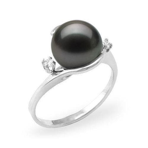 Tahitian Black Pearl Ring with Diamonds in 14K White Gold (9-10mm)-Maui Divers Jewelry
