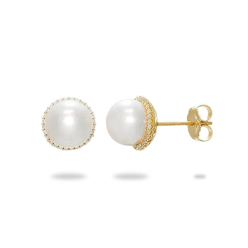 Boucles d'oreilles en perles Halo Akoya en or avec diamants - 8-8,5 mm