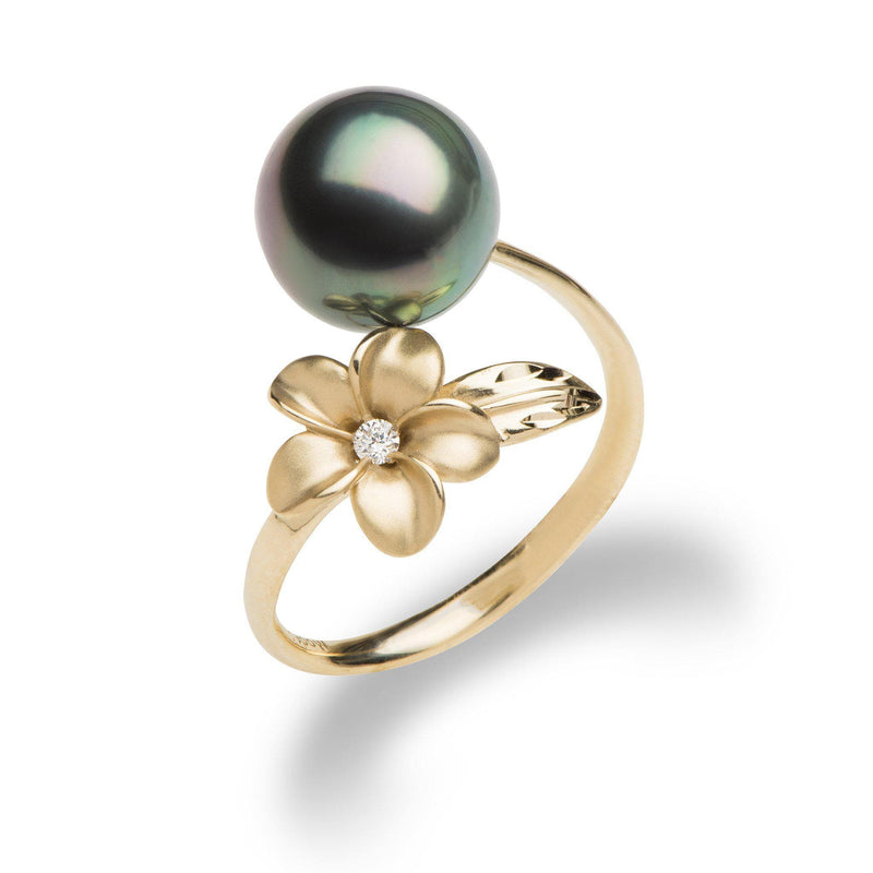 Plumeria Tahitian Black Pearl Ring in Gold with Diamond - 9mm-Maui Divers Jewelry
