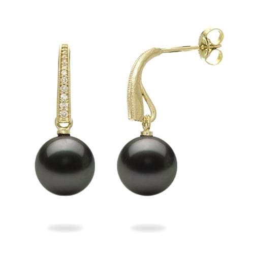 Tahitian Black Pearl Earrings with Diamonds in Gold (9-10mm)-Maui Divers Jewelry