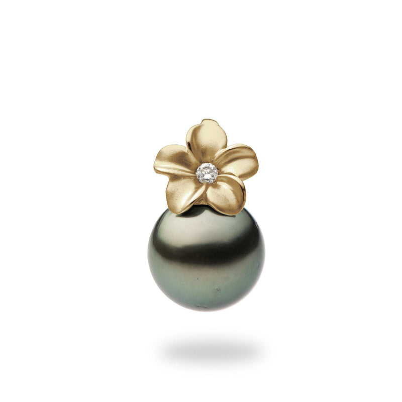 Plumeria Tahitian Black Pearl Pendant in Gold with Diamond - 9mm-Maui Divers Jewelry