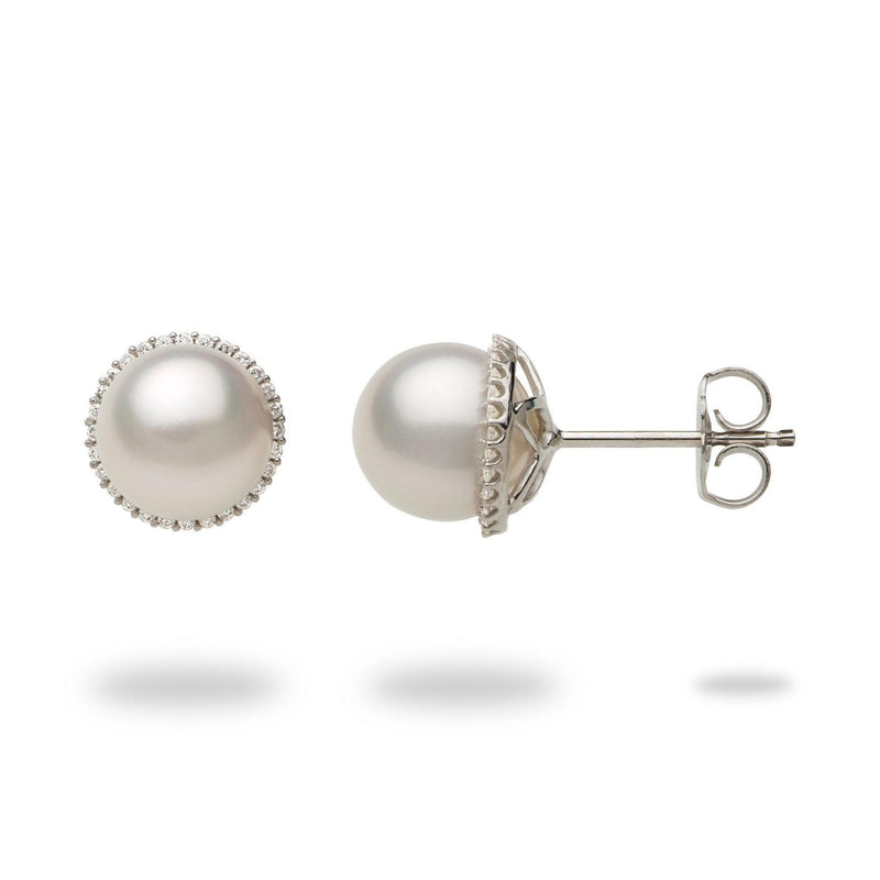 Halo Akoya Pearl Earrings with Diamonds in 14K White Gold (8-8.5mm)-Maui Divers Jewelry
