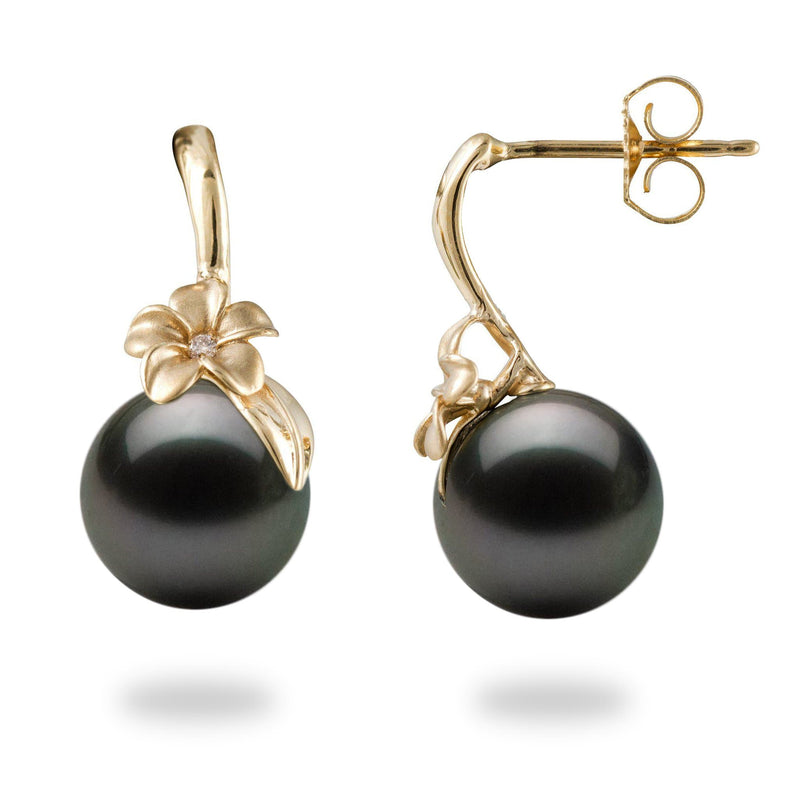 Plumeria Tahitian Black Pearl Earrings in Gold with Diamonds-Maui Divers Jewelry