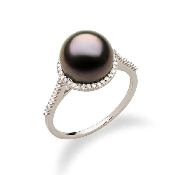 Tahitian Black Pearl Ring with Diamond in 14K White Gold (9-10mm)-Maui Divers Jewelry