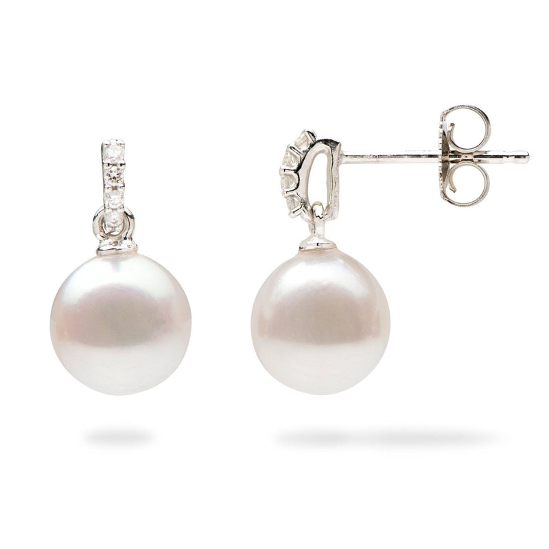 Akoya White Pearl Earrings in White Gold with Diamonds-Maui Divers Jewelry