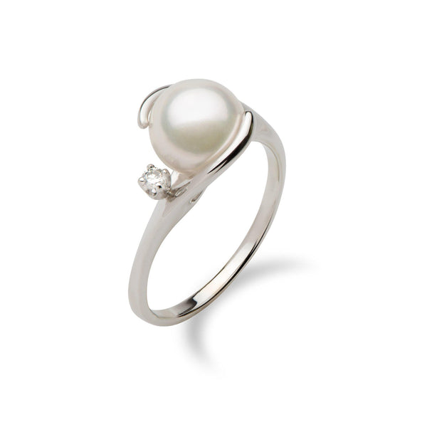 Akoya Pearl Ring with Diamond in 14K White Gold (8mm)-Maui Divers Jewelry