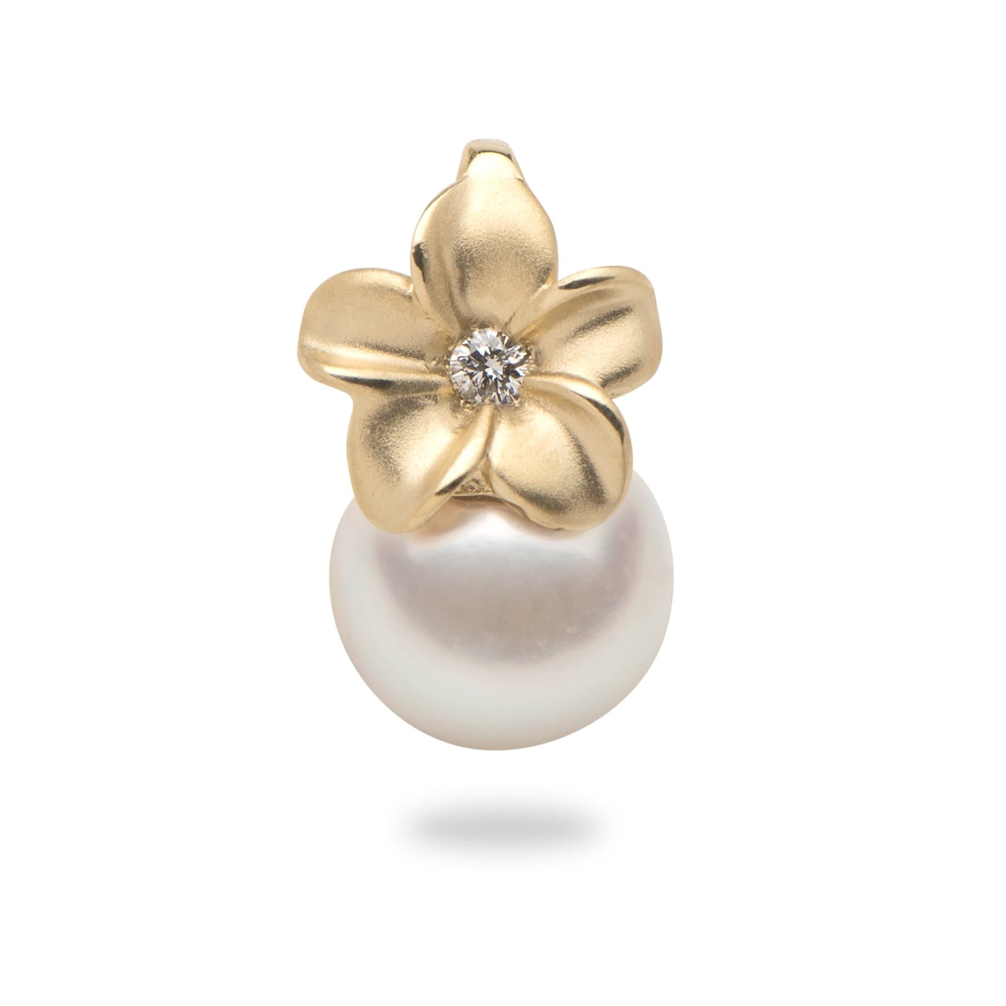 Plumeria Akoya White Pearl Pendant in Gold with Diamond 8mm Maui