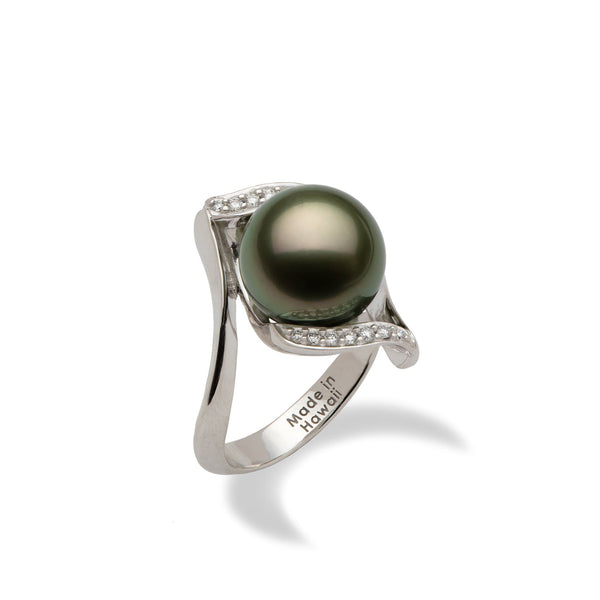 Tahitian Black Pearl Ring with Diamonds in 14K White Gold (11-12mm)-Maui Divers Jewelry