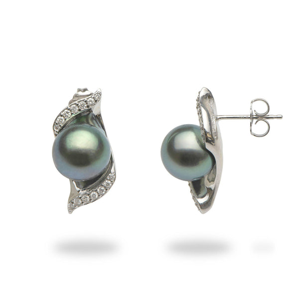 Tahitian Black Pearl Earrings in 14K White Gold with Diamonds-Maui Divers Jewelry
