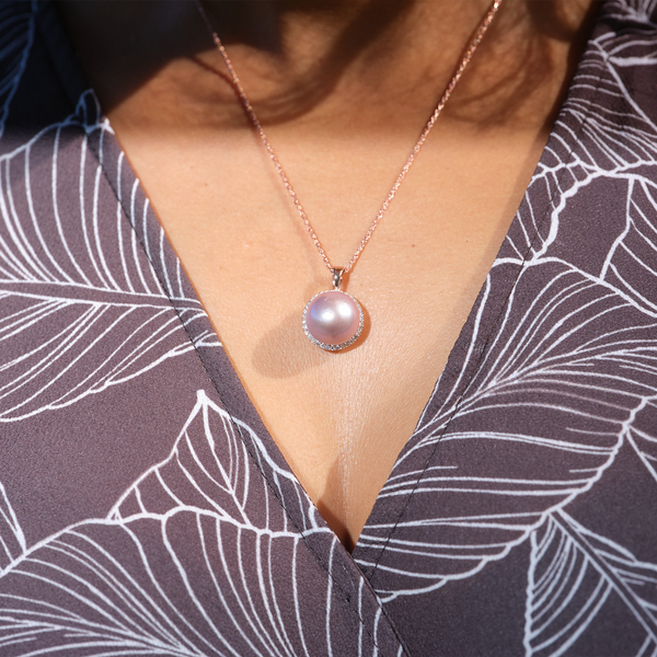 Lilac Freshwater Pearl Pendant in Rose Gold with Diamonds - 14-15mm