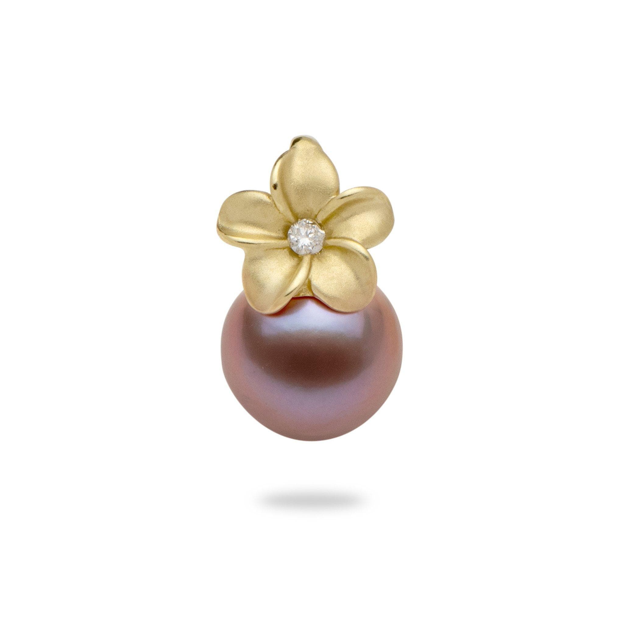 Plumeria Freshwater Pearl Pendant in Gold with Diamond - 9mm-Maui Divers Jewelry