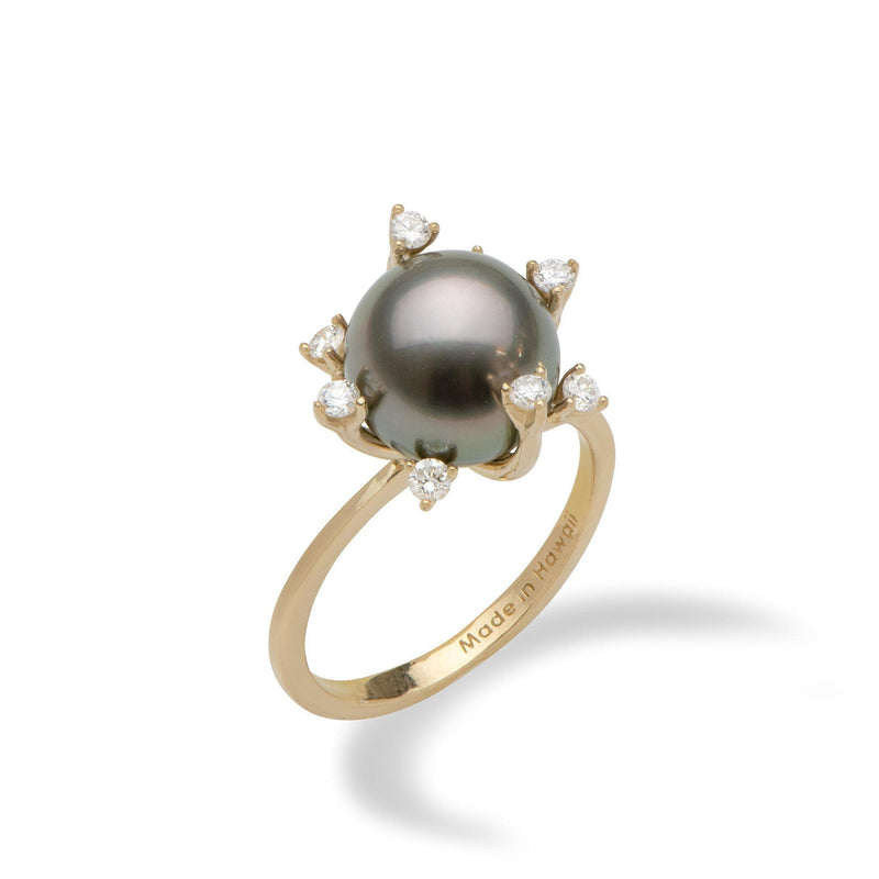 Protea Tahitian Black Pearl Ring in Gold with Diamonds (10-11mm)-Maui Divers Jewelry
