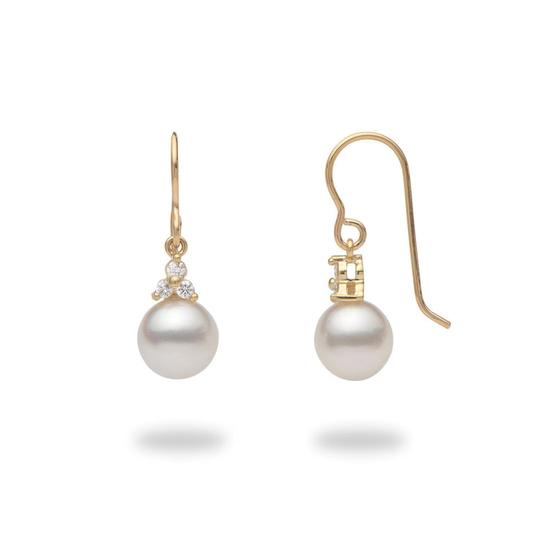 South Sea White Pearl Earrings in Gold with Diamonds - 8-9mm- Made in Hawaii