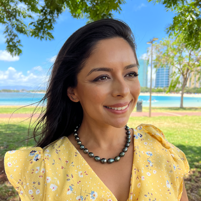 Aw oman wearing Heritage Climber Earrings in Gold and Tahitian Black Pearl Strand - Maui Divers Jewelry