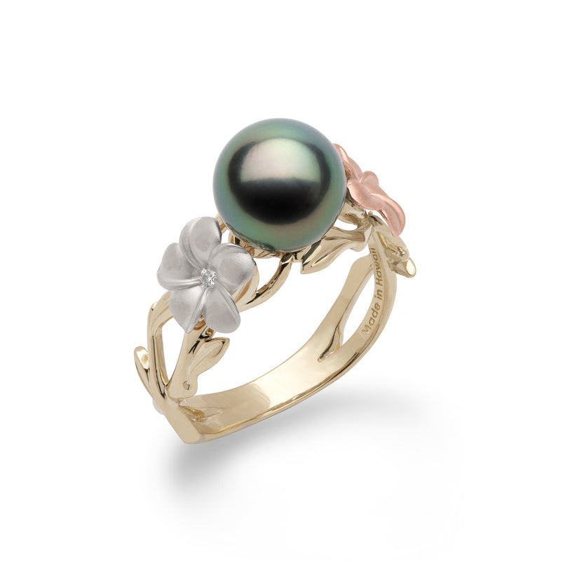 Pearls in Bloom Plumeria Tahitian Black Pearl Ring in Tri Color Gold with Diamonds - 8mm - Maui Divers Jewelry