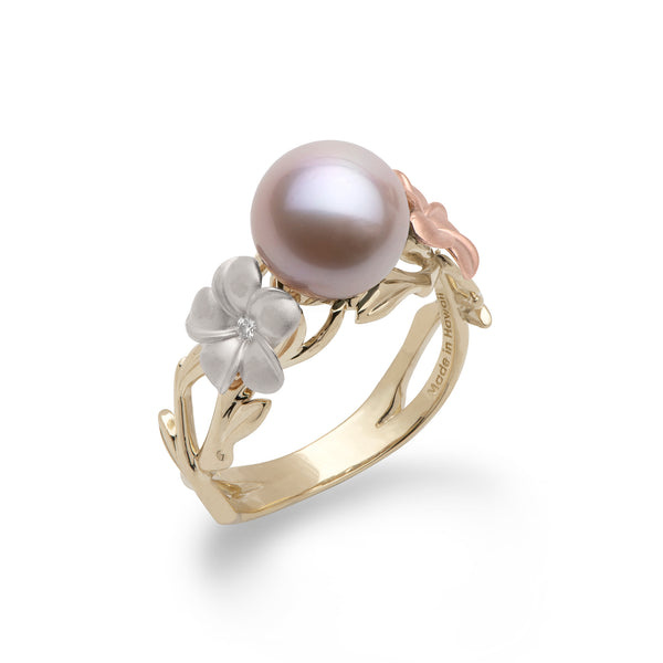 Pearls in Bloom Plumeria Lavender Freshwater Pearl Ring in Tri Color Gold with Diamonds - 8mm