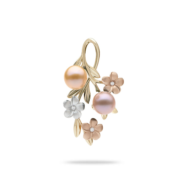Pearls in Bloom Plumeria Freshwater Pearl Pendant in Tri Color Gold with Diamonds - 36mm - Maui Divers Jewelry