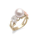 Pearls in Bloom Plumeria Akoya Pearl Ring in Tri Color Gold with Diamonds - 8mm