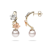 Pearls in Bloom Plumeria Akoya Pearl Earrings in Tri Color Gold with Diamonds - 23mm - Maui Divers Jewelry