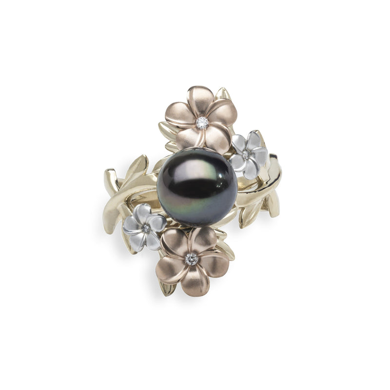 Pearls in Bloom Tahitian Black Pearl Ring in Tri Color Gold with Diamonds - 22mm-Maui Divers Jewelry