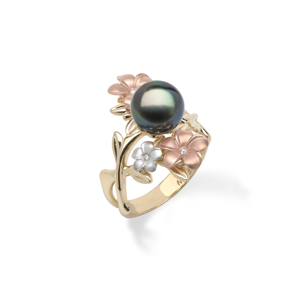 Pearls in Bloom Plumeria Tahitian Black Pearl Ring in Tri Color Gold with Diamonds - 22mm