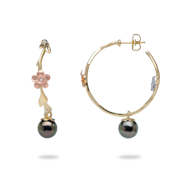 Pearls in Bloom Plumeria Tahitian Black Pearl Earrings in Tri Color Gold with Diamonds - 33mm