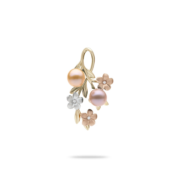 Pearls in Bloom Plumeria Freshwater Pearl Pendant in Tri Color Gold with Diamonds - 27mm