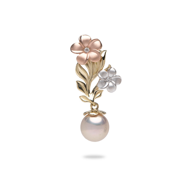 Pearls in Bloom Plumeria Lavender Freshwater Pearl Pendant in Tri Color Gold with Diamonds