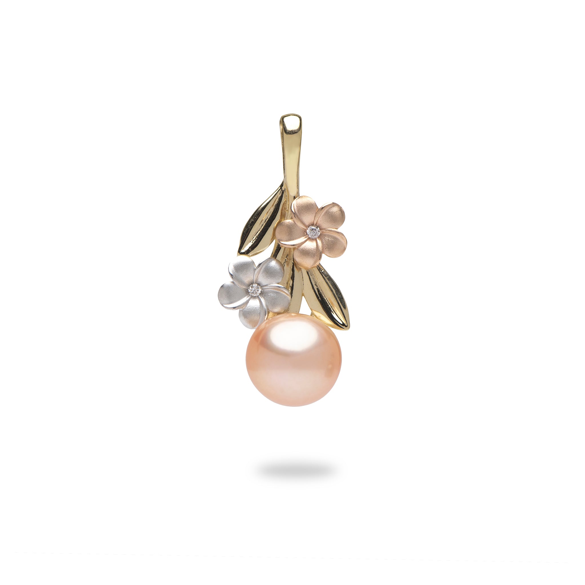 Perles en floraison Plumeria Peach Pendentif de perles d'eau douce en or orage avec diamants