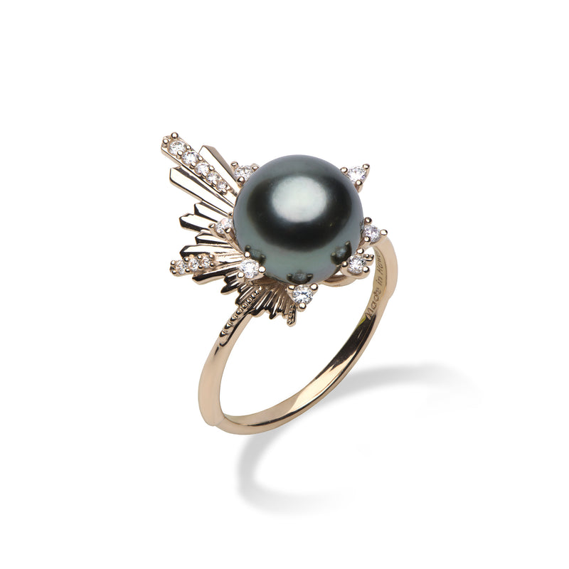 E Hoʻāla Tahitian Black Pearl Ring in Gold with Diamonds - 21mm - Maui Divers Jewelry