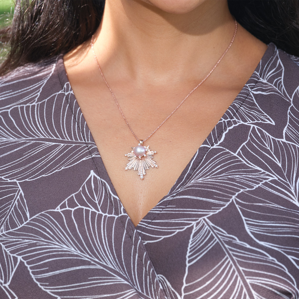 E Hoʻāla Lavendel-Süßwasserperlen-Anhänger in Roségold mit Diamanten – 27 mm