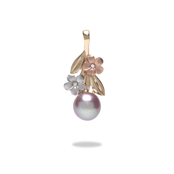 Pearls in Bloom Plumeria Lavender Freshwater Pearl Pendant in Tri Color Gold with Diamonds - 7-8mm