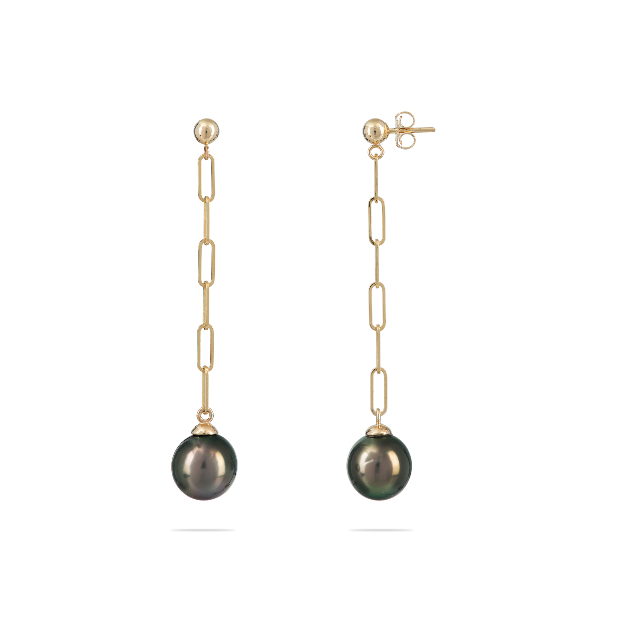 Tahiti-Ohrringe aus schwarzen Perlen mit Büroklammerkette in Gold – 9–10 mm