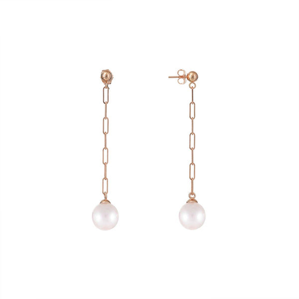 Akoya White Pearl Paperclip Chainearrings in Rose Gold -8mm