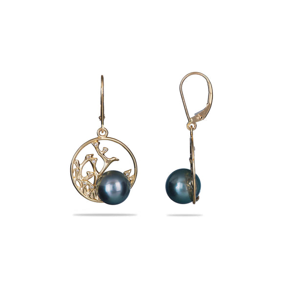Reefs Tahitian Black Pearl Earrings in Gold with Diamonds - 9-10mm - Maui Divers Jewelry