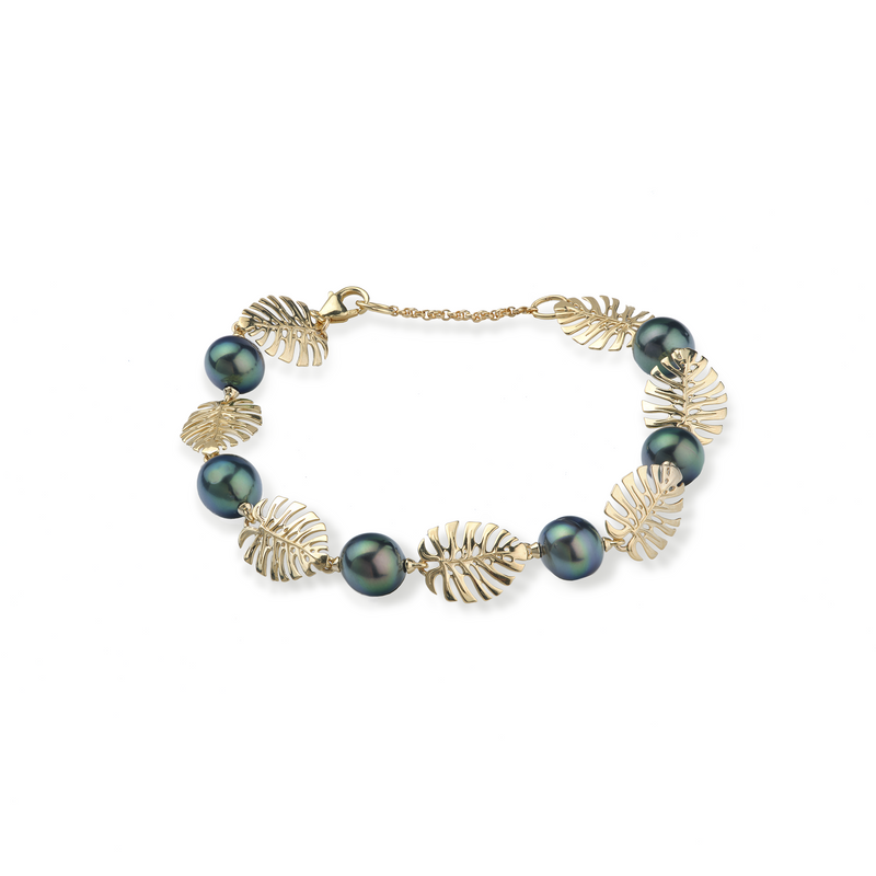 7,5-8,5" verstellbares Monstera Tahiti-Armband mit schwarzen Perlen in Gold – 8-9 mm