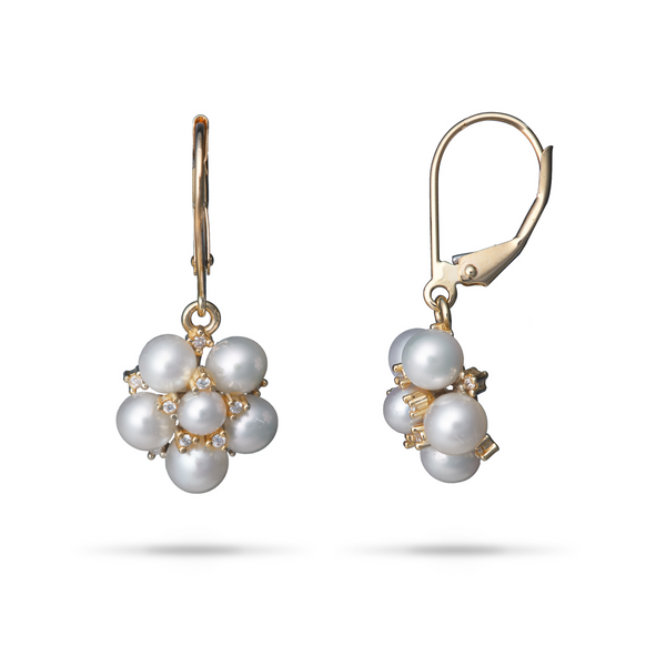 Tiny Bubbles Freshwater White Pearl Earrings in Gold with Diamonds