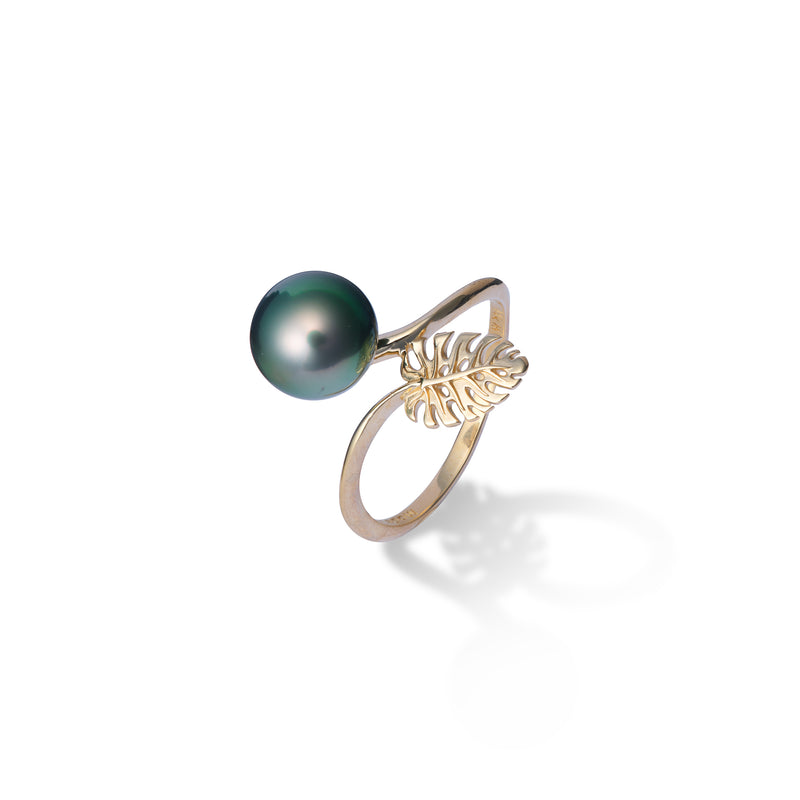 Monstera Tahitian Black Pearl Ring in Gold - Maui Divers Jewelry