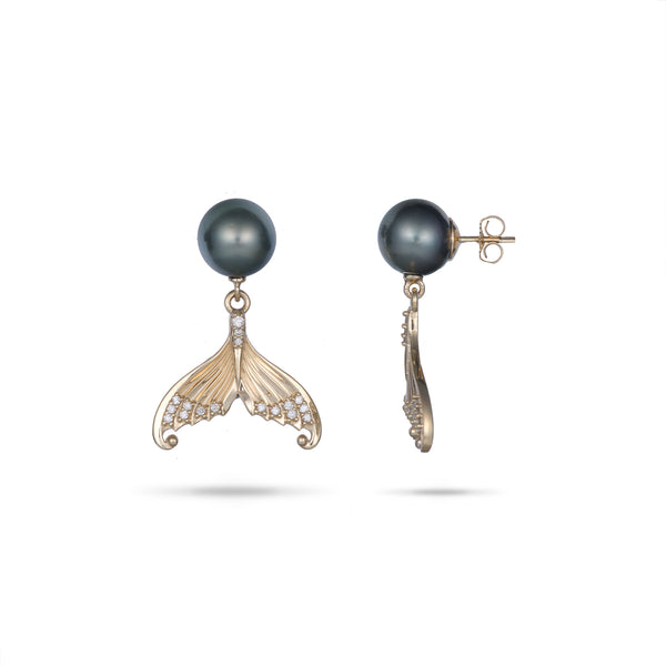 Moon Mermaid Tail Tahitian Black Pearl Earrings in Gold with Diamonds - 9-10mm Maui Divers Jewelry