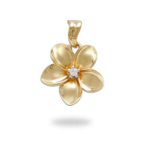Plumeria Pendant in Gold with Diamond - 18mm-Maui Divers Jewelry
