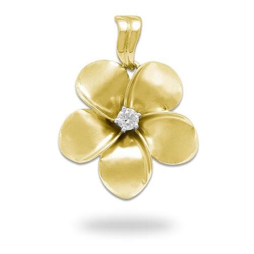 Plumeria Pendant in Gold with Diamond - 28mm-Maui Divers Jewelry