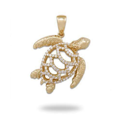 Honu Pendant in Gold with Diamonds - 28mm-Maui Divers Jewelry