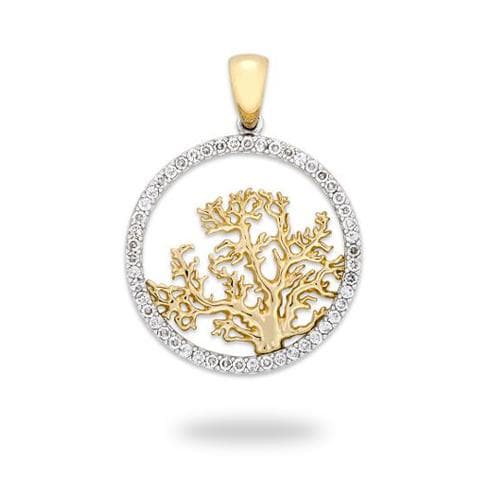 Coral Tree Pendant with Diamonds in 14K Two-Tone Gold - 24mm-Maui Divers Jewelry