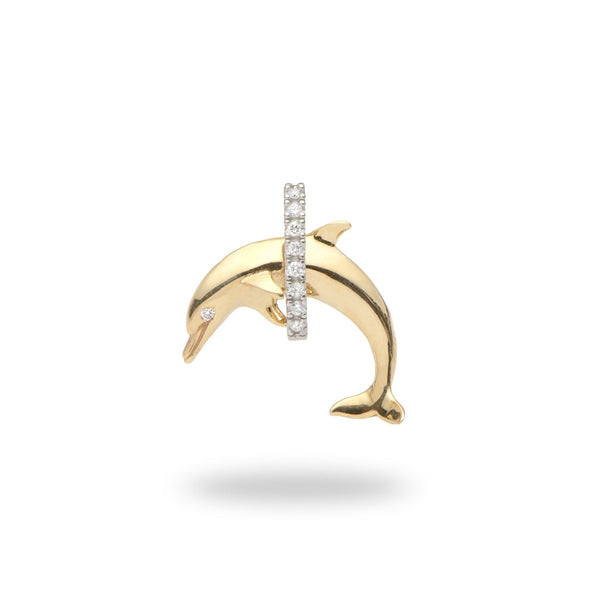 Dolphin Hoop Pendant with Diamonds in 14K Yellow and White Gold - 19mm-Maui Divers Jewelry
