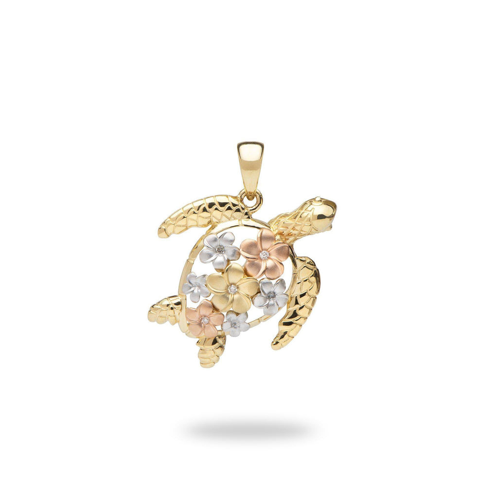 Plumeria Honu (Sea Turtle) Pendant in Tri Color Gold Maui Divers Jewelry