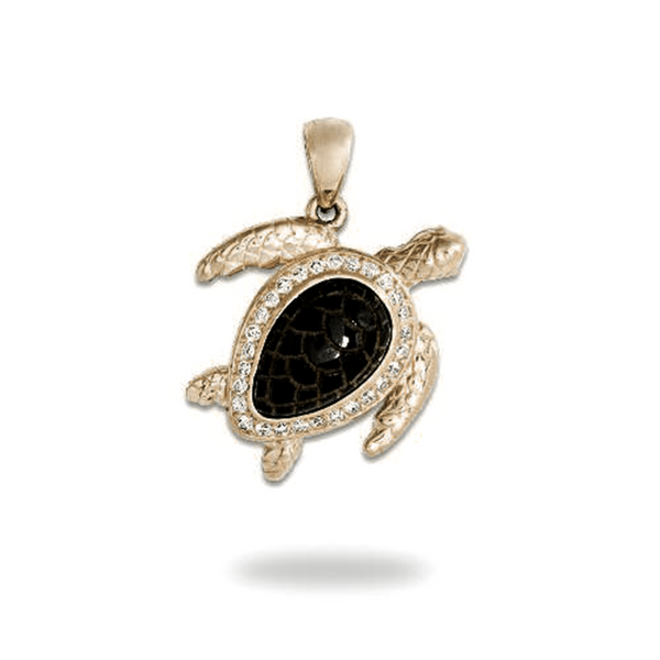 Honu Black Coral Pendant in Gold with Diamonds - 18mm